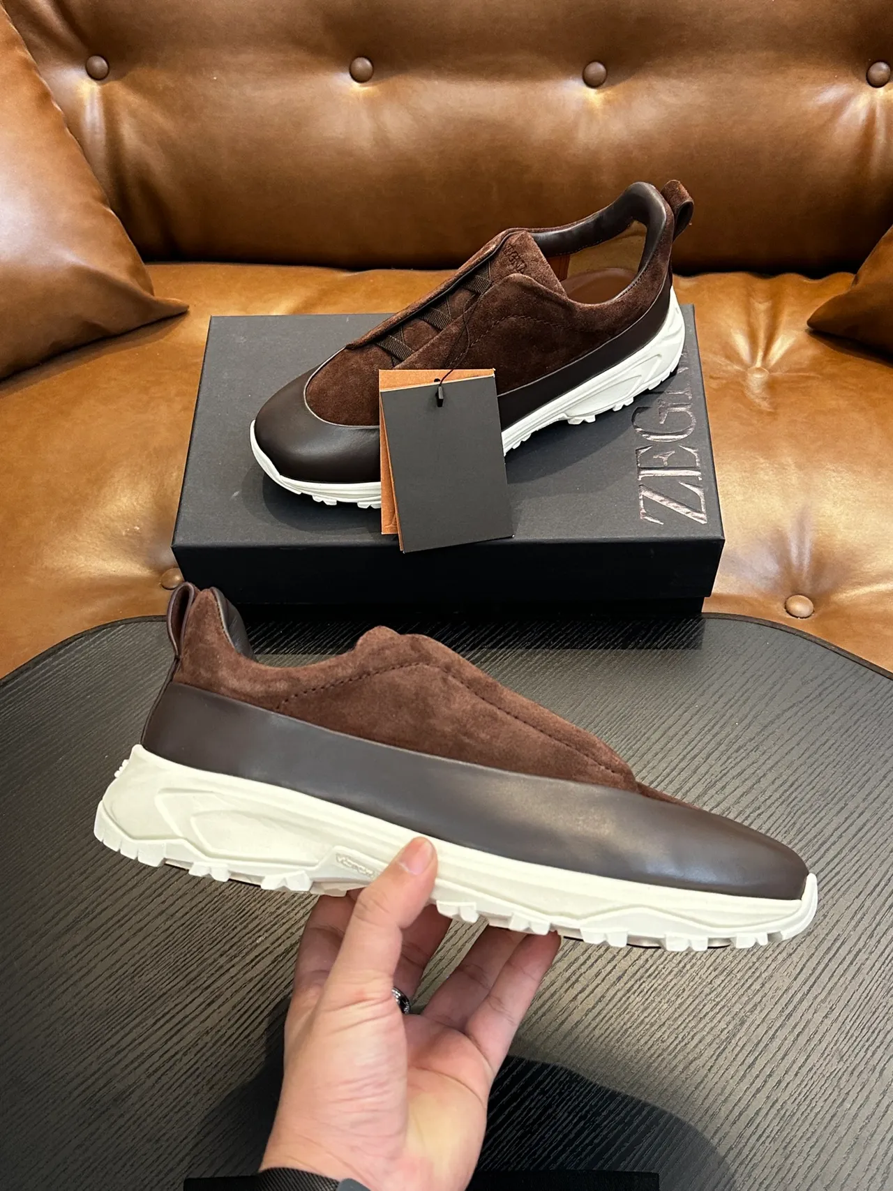 Zegna Brown Suede and Leather Slip-On Lifestyle Sneaker