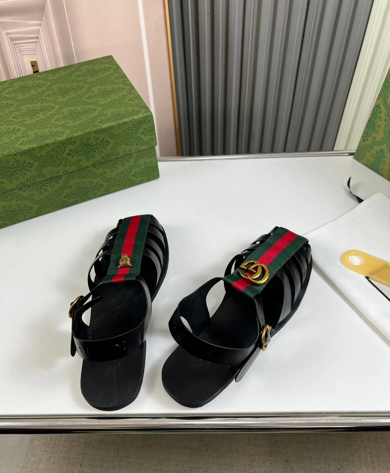 Gucci Dionysus Black Green Ribbed Toe Guard Web Stripe Strap Gladiator Sandals