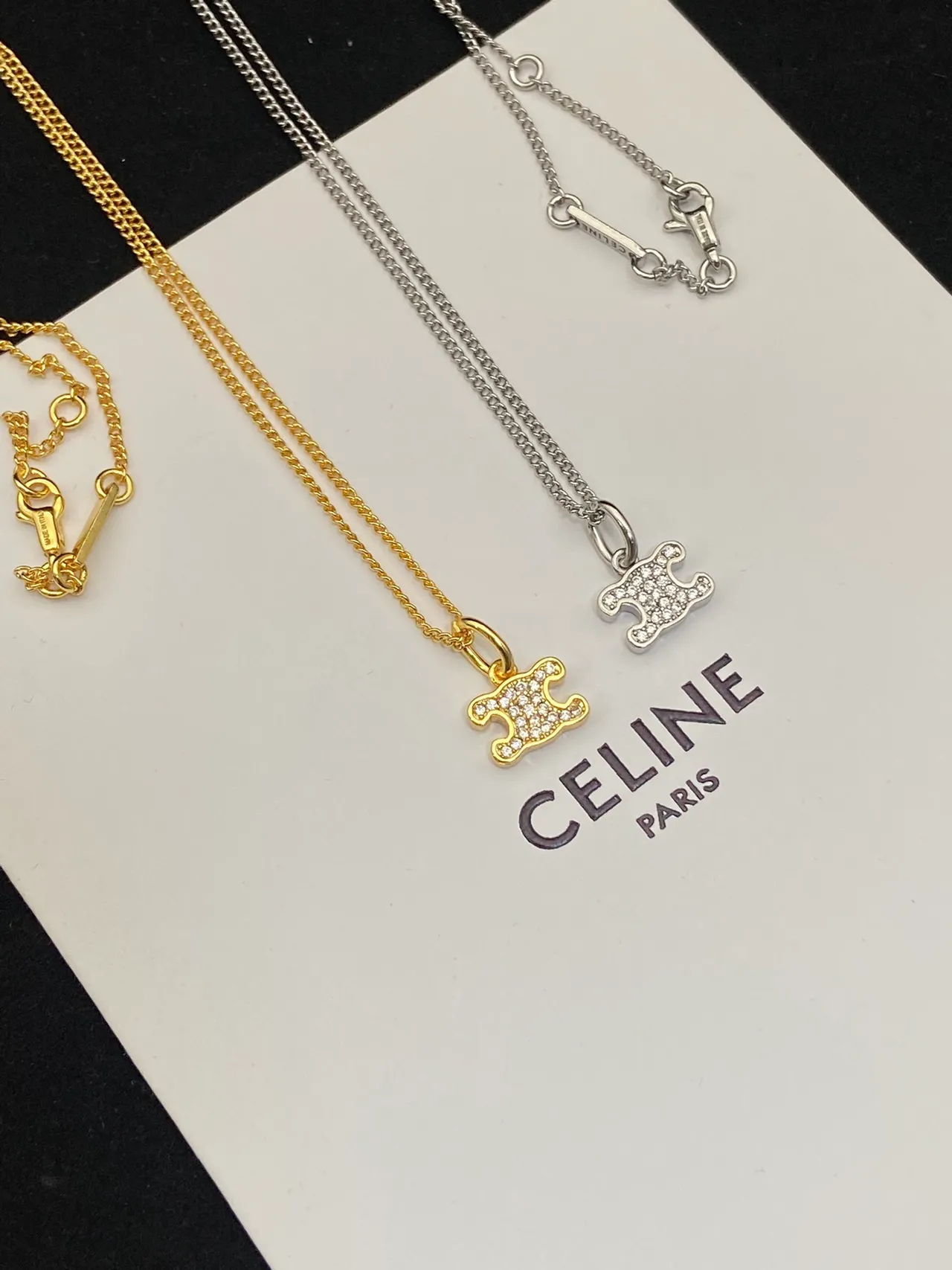 Celine Triomphe Gold Silver Logo Pendant Chain Necklace