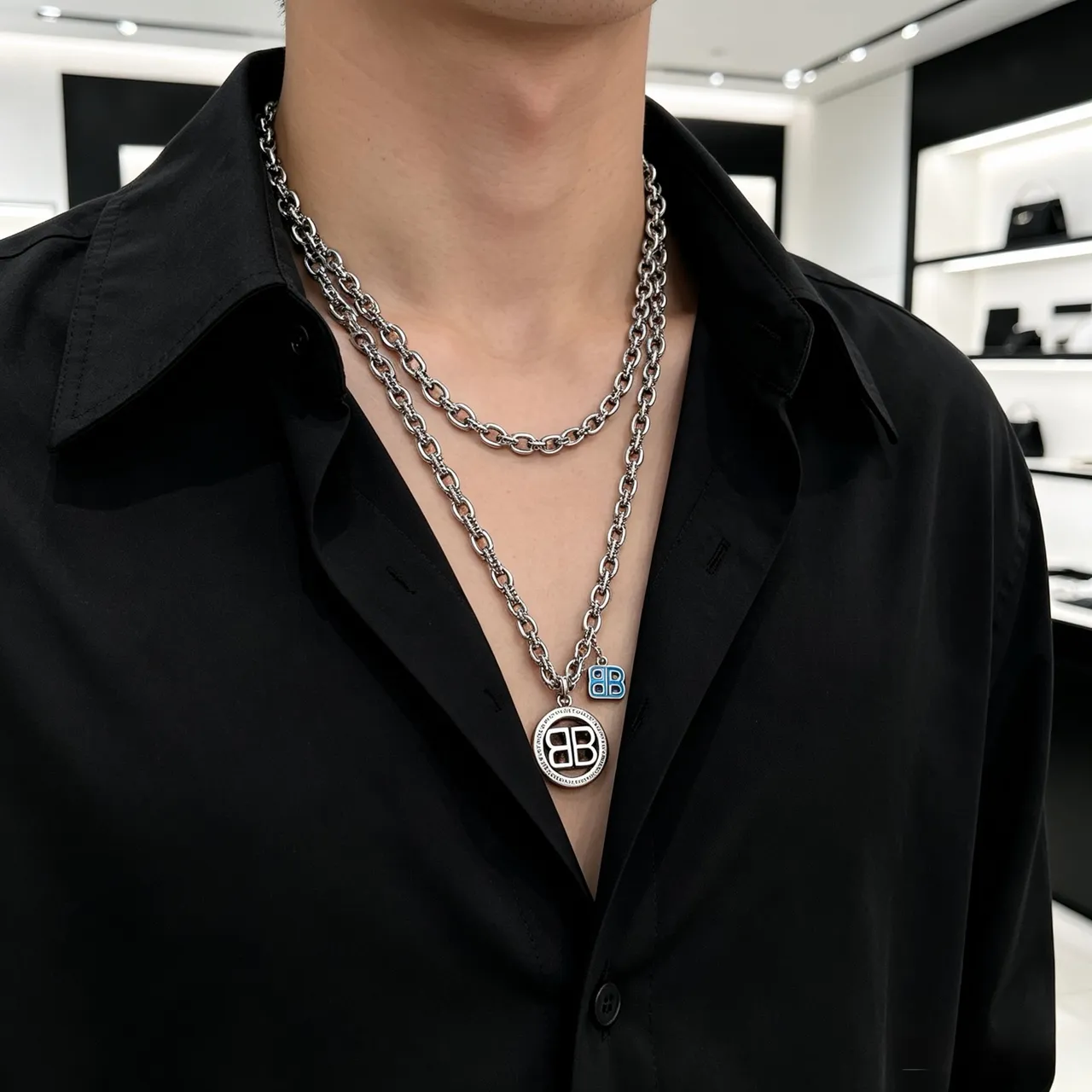 Balenciaga BB Necklace Silver Blue Chunky Curb Chain Double-B Logo Pendant Necklace