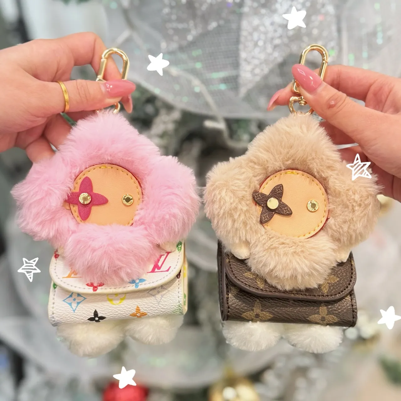 Louis Vuitton Vivienne Pink Beige Floral Plush Charm Faux Fur Trim Handbag