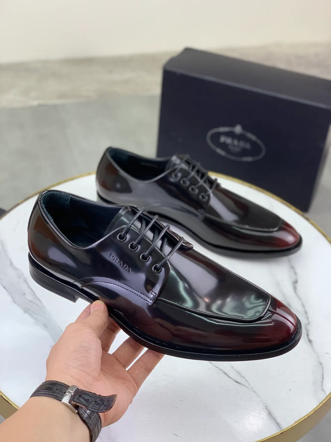 Prada Black Burgundy High-Gloss Patent Leather Cap-Toe Oxford Shoes