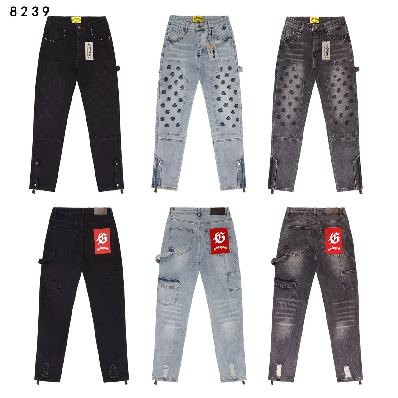 Godspeed Cargo-Pocket Embroidered Knee Panel Black Gray Studded Waistband Jeans