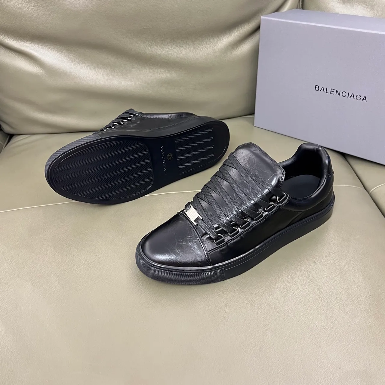 Balenciaga Black Crinkled Leather Wide Strap-Style Laces Lifestyle Sneakers