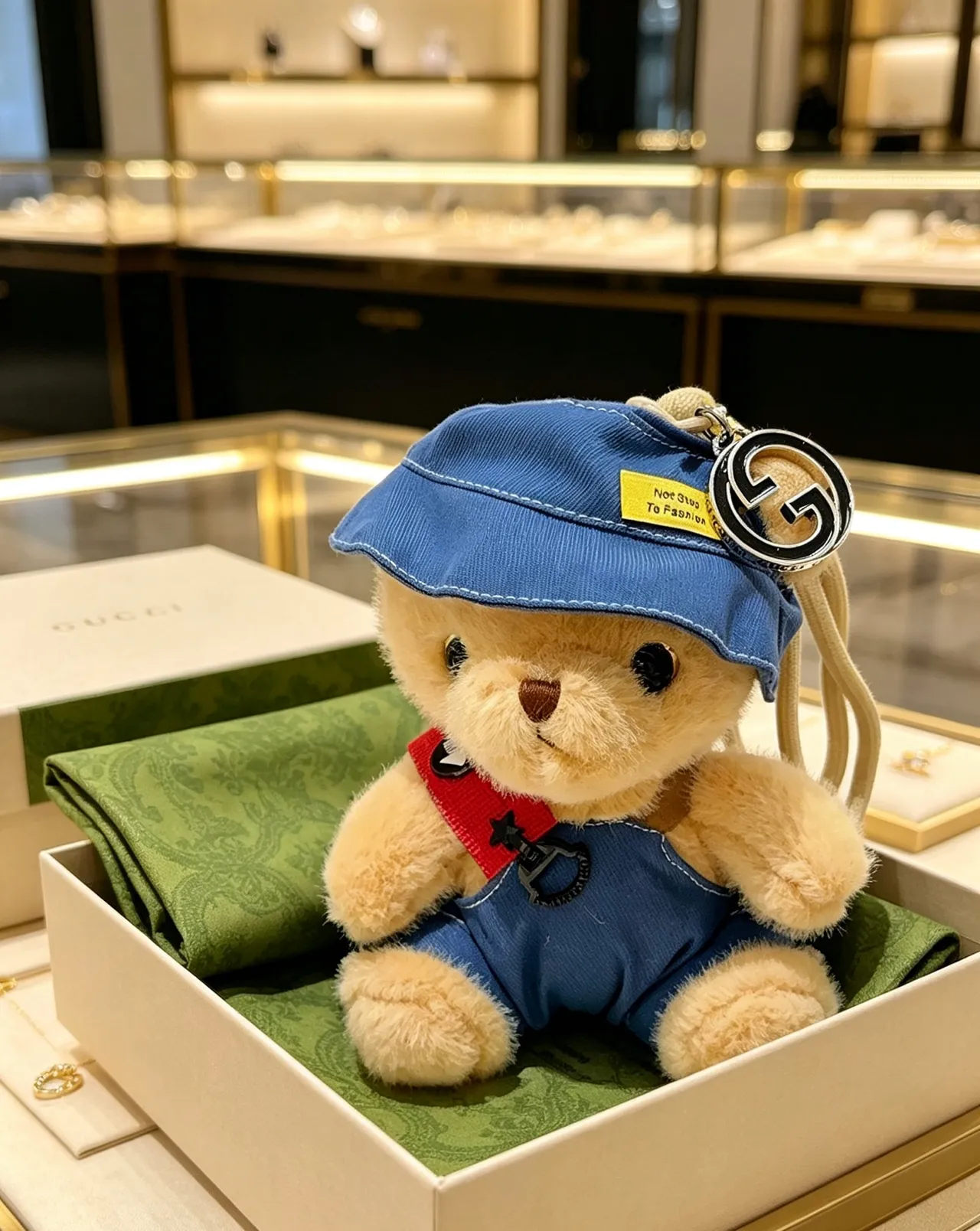 Gucci Beige Blue Plush Teddy Bear Denim-Style Hat And Overalls Handbag