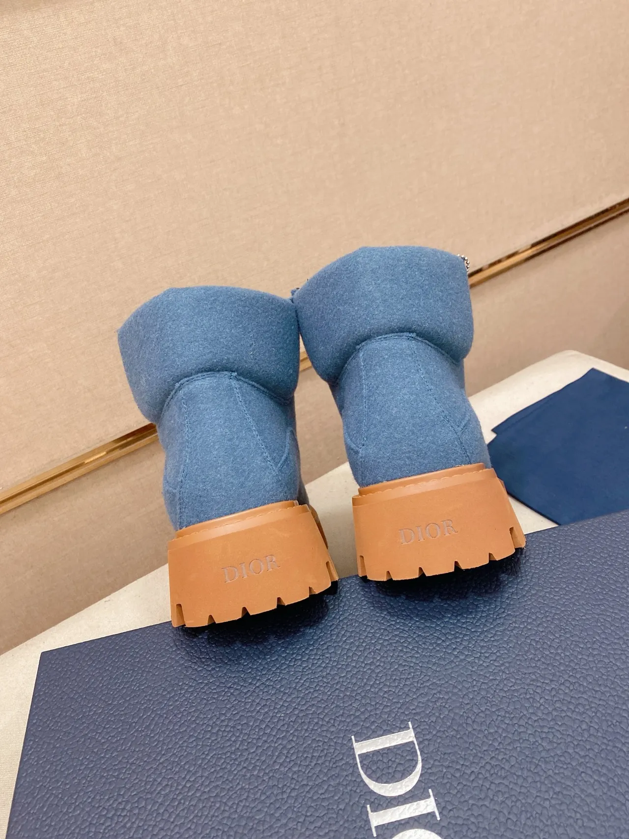 Dior Blue Brown Felt Upper Chunky Lug Sole Work Boots