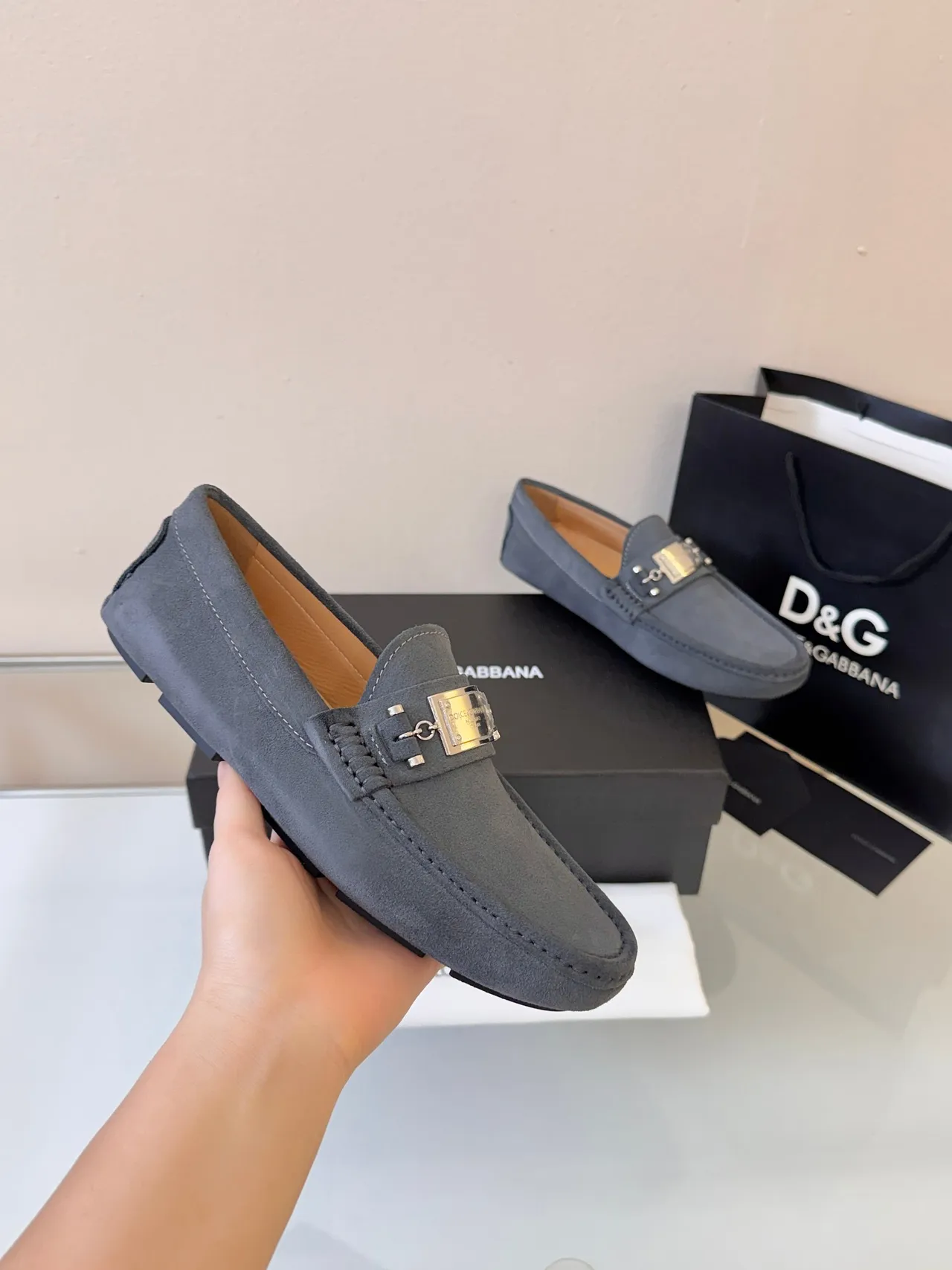 Dolce & Gabbana Portofino Gray Black Suede Upper Metal Plaque Buckle Loafer