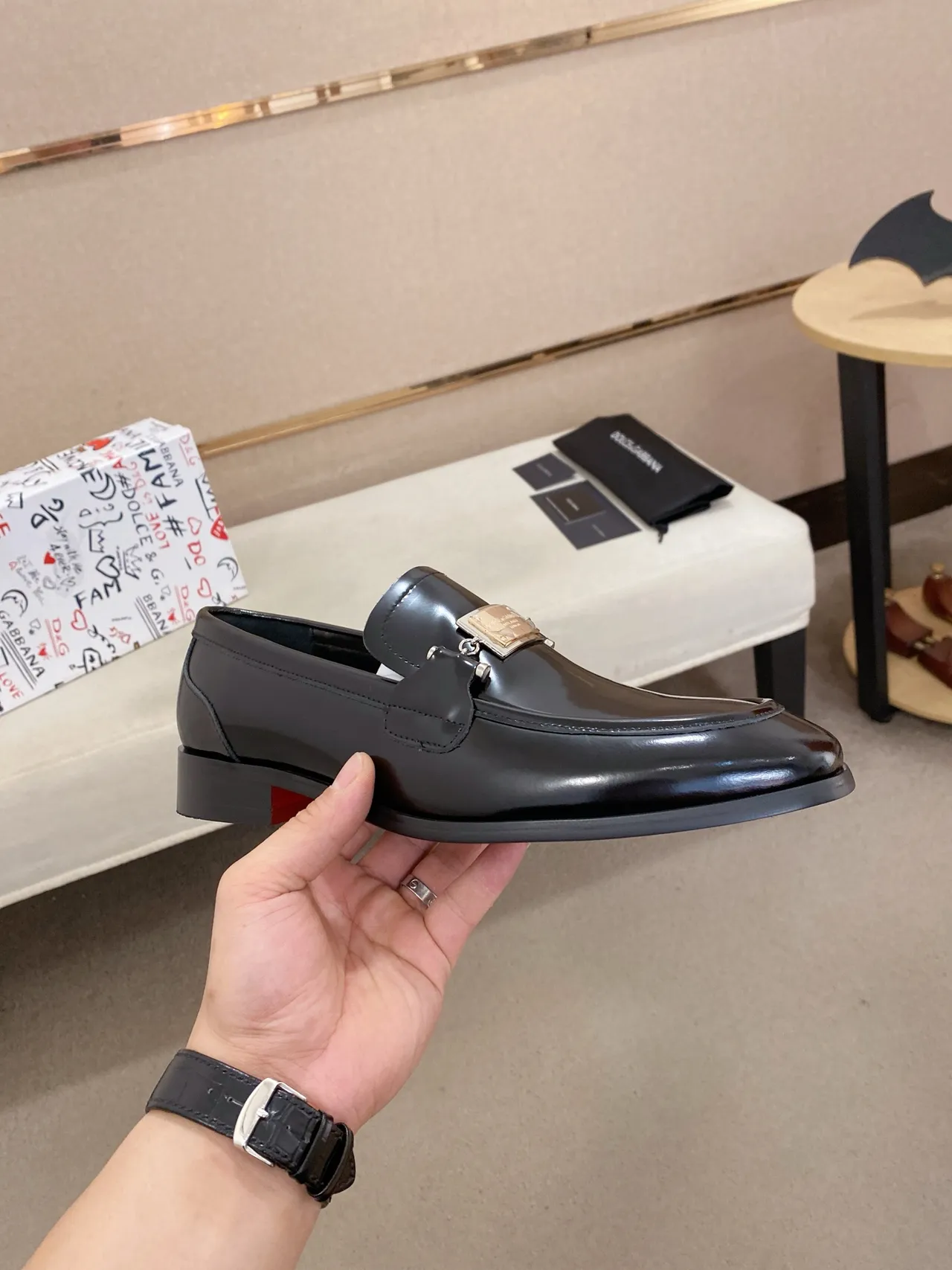 Dolce & Gabbana Portofino Black Red Glossy Patent Leather Moccasin Stitching Loafer