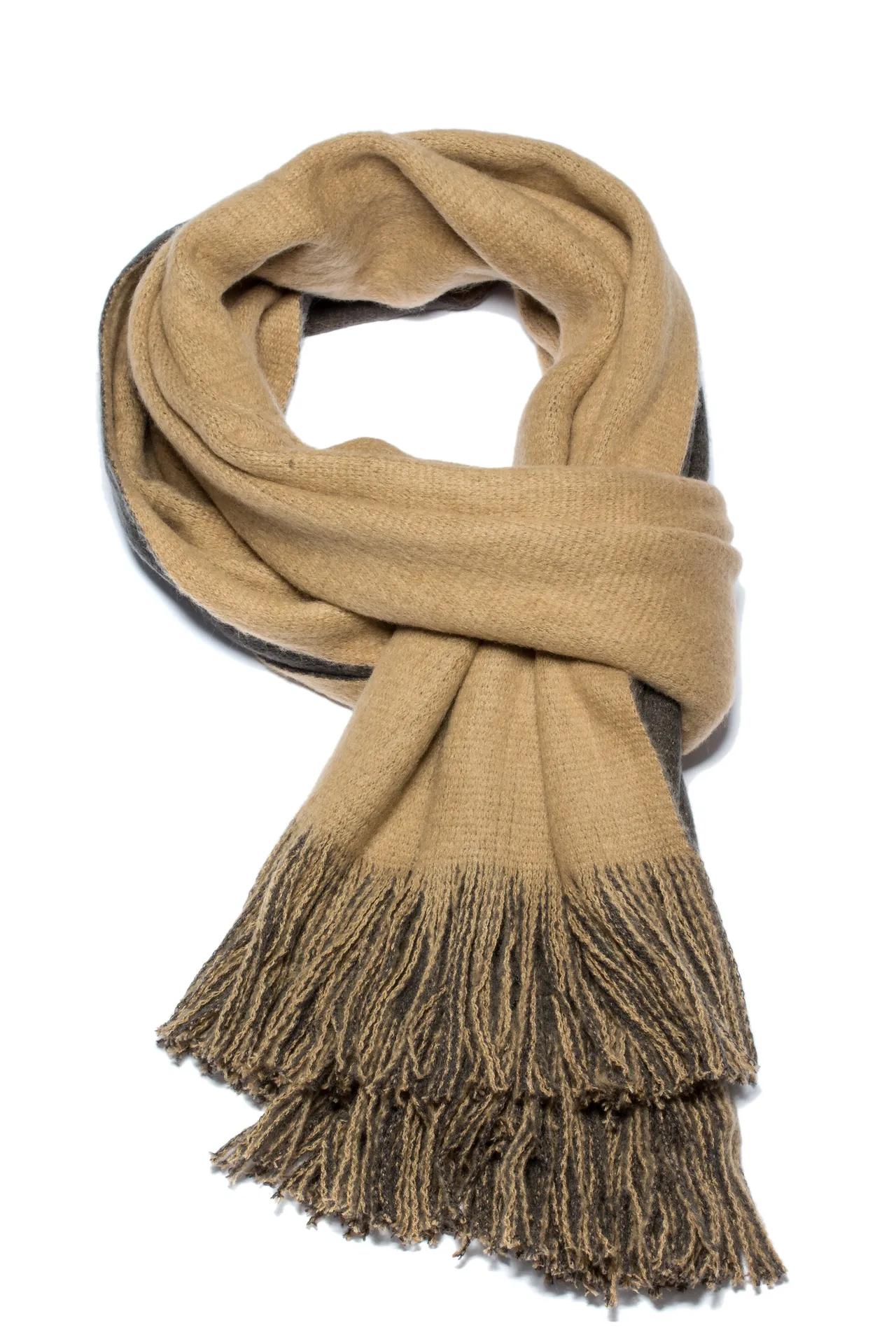 UGG Beige Brown Wool-Like Knit Two-Tone Fringe Cashmere Scarf
