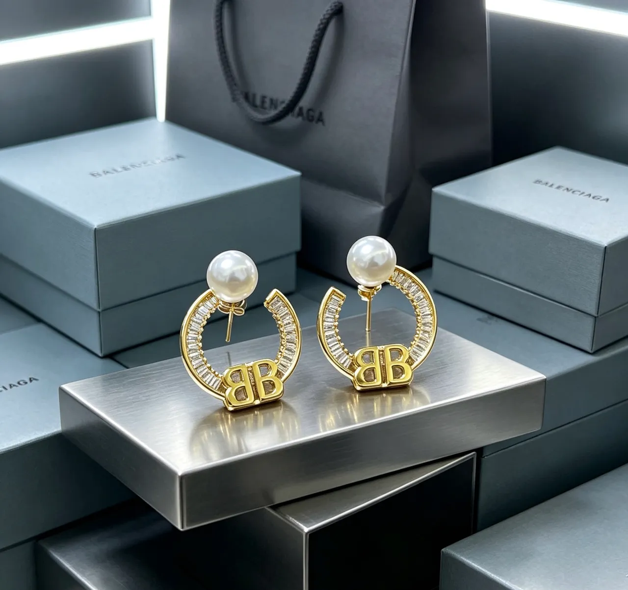 Balenciaga BB Hoop Pearl and Crystal Earrings
