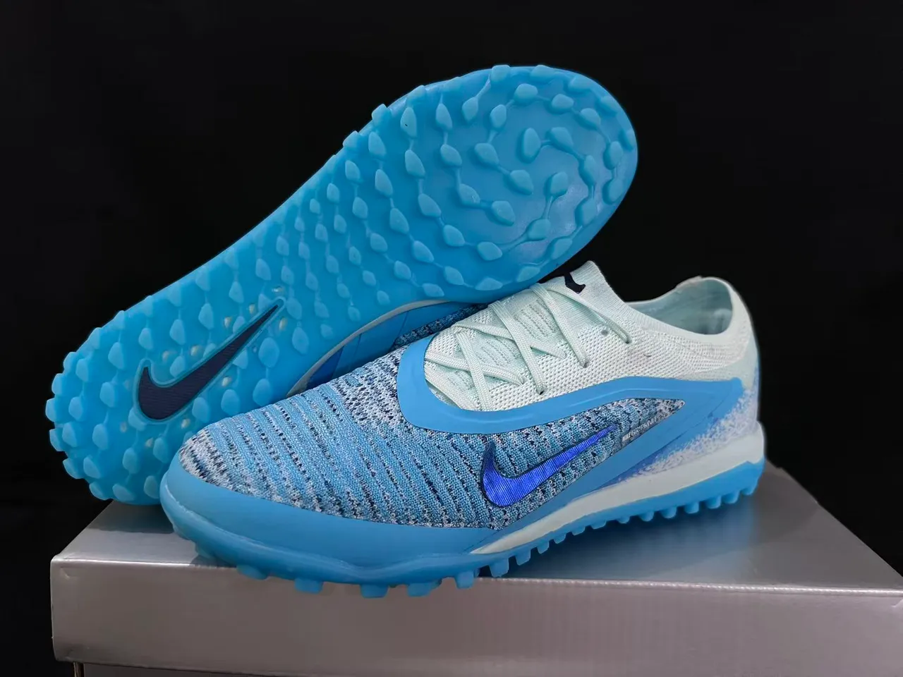 Nike Blue Purple Engineered Knit Upper TPU Cage Overlay Turf Soccer Shoes