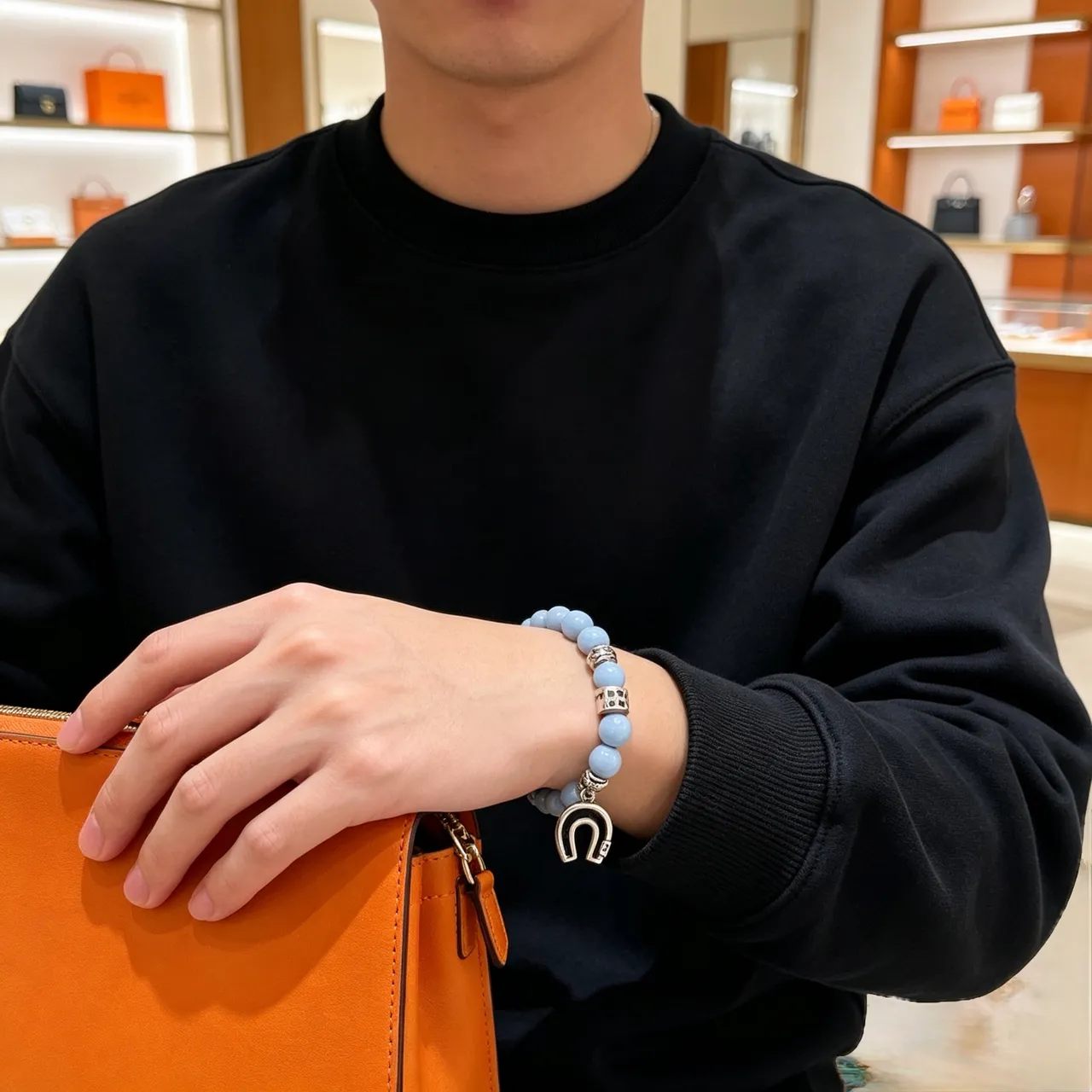 Gucci Beaded Light Blue Stone and Silver-Tone Horseshoe Charm Bracelet