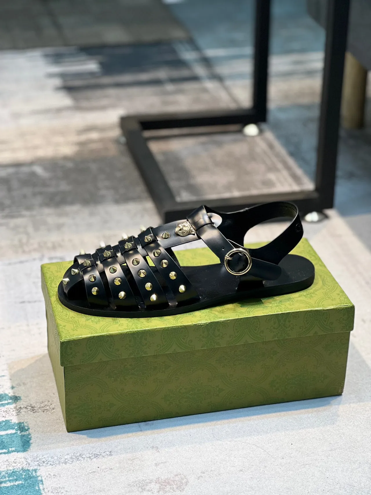 Gucci Dionysus Gladiator Black Gold Multi-Strap Studded Gladiator Sandals