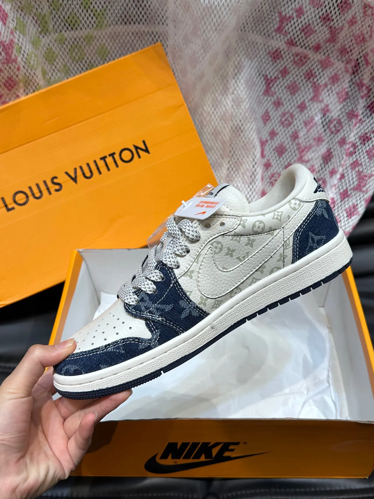 Nike x Louis Vuitton Dunk Low White and Navy Monogram Lifestyle Sneakers