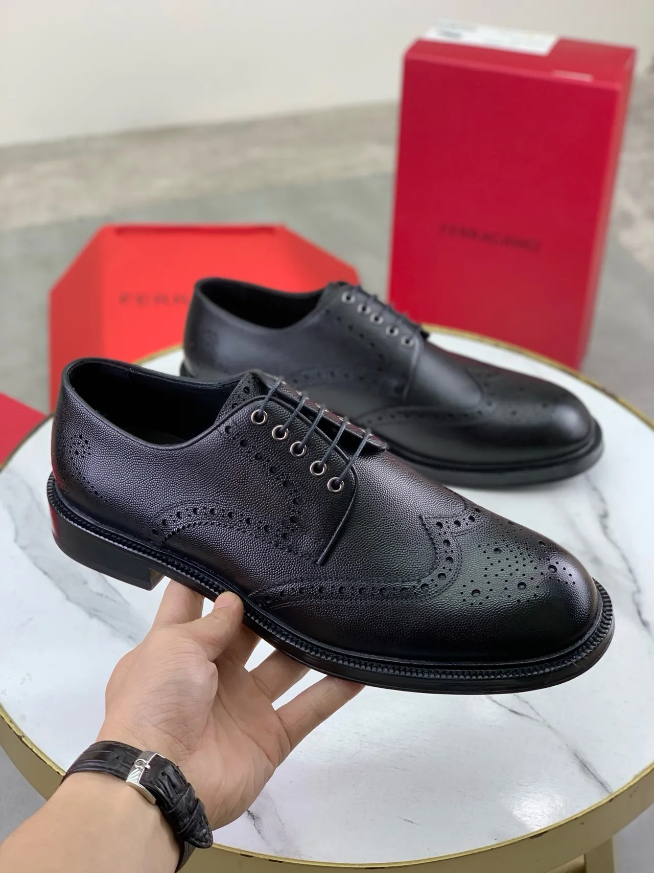 Salvatore Ferragamo Full Brogue Wingtip Black Pebbled Leather Brogues