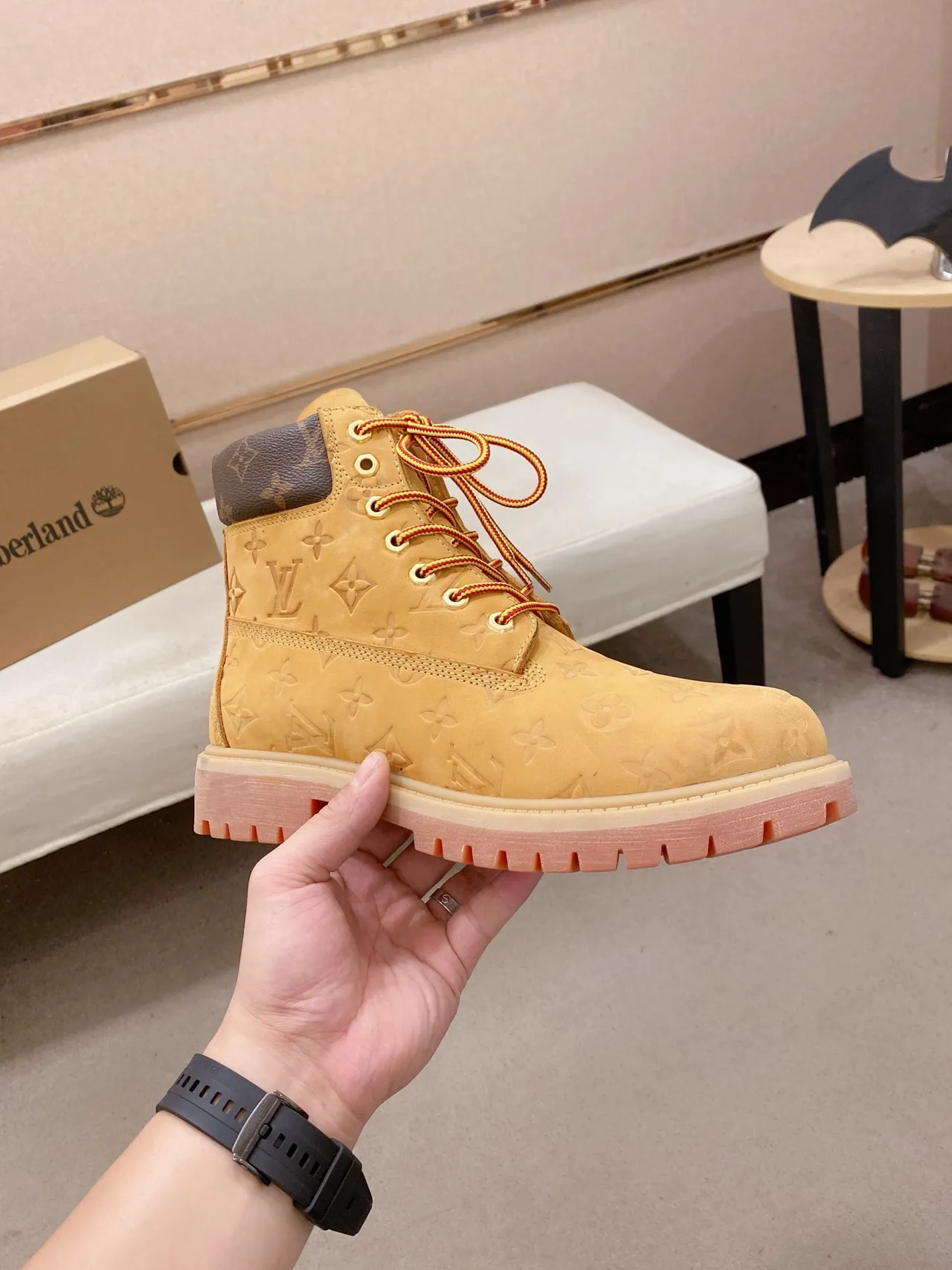 Louis Vuitton Monogram-Embossed Boot Beige Pink High-Top Lace-Up Work Boots