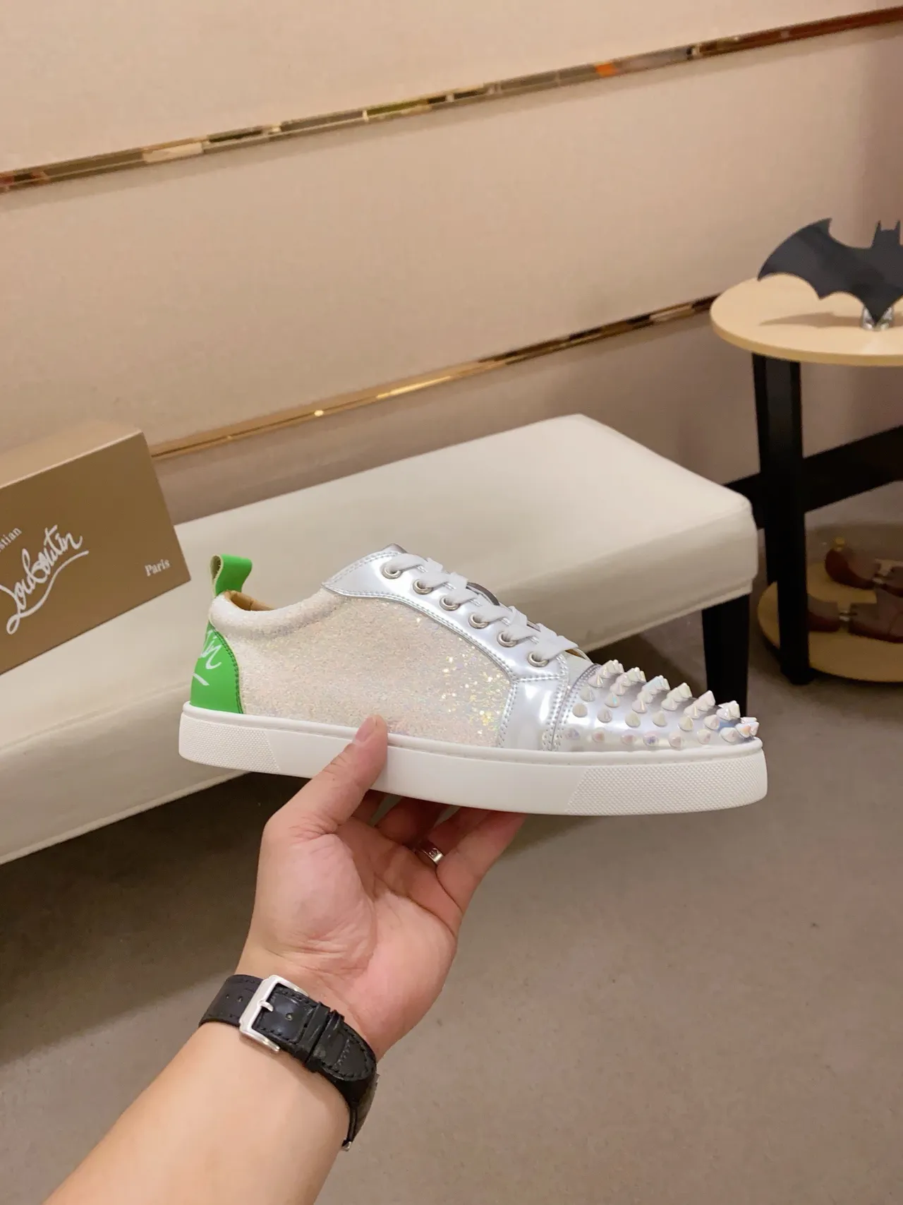 Christian Louboutin Silver Green Spiked Toe Iridescent Glitter Upper Lifestyle Sneakers