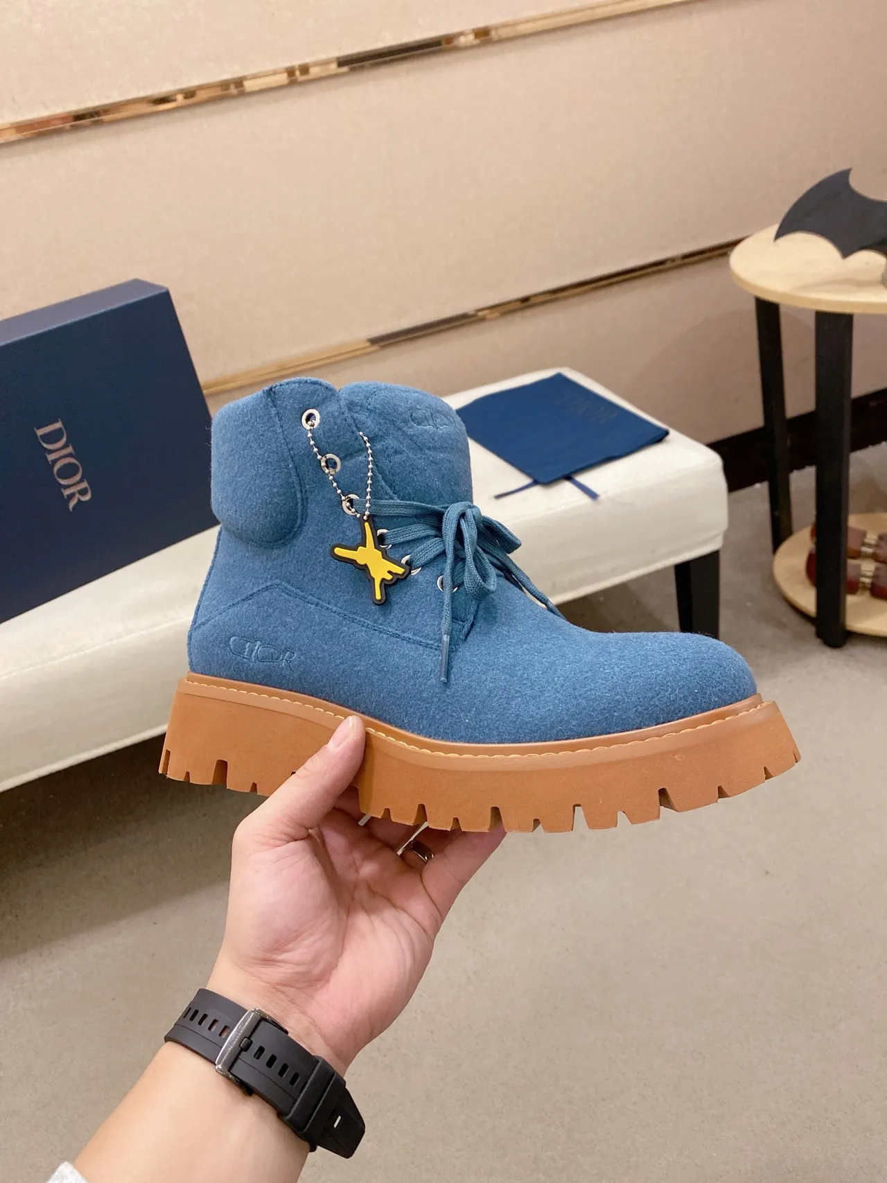 Dior Blue Brown Felt Upper Chunky Lug Sole Work Boots