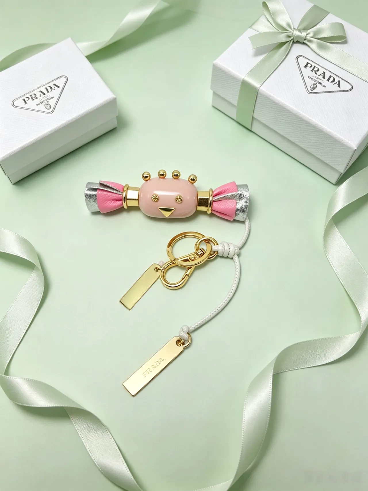 Prada Pink Gold Candy-Shaped Charm Leather Bow Detail Crossbody Bag