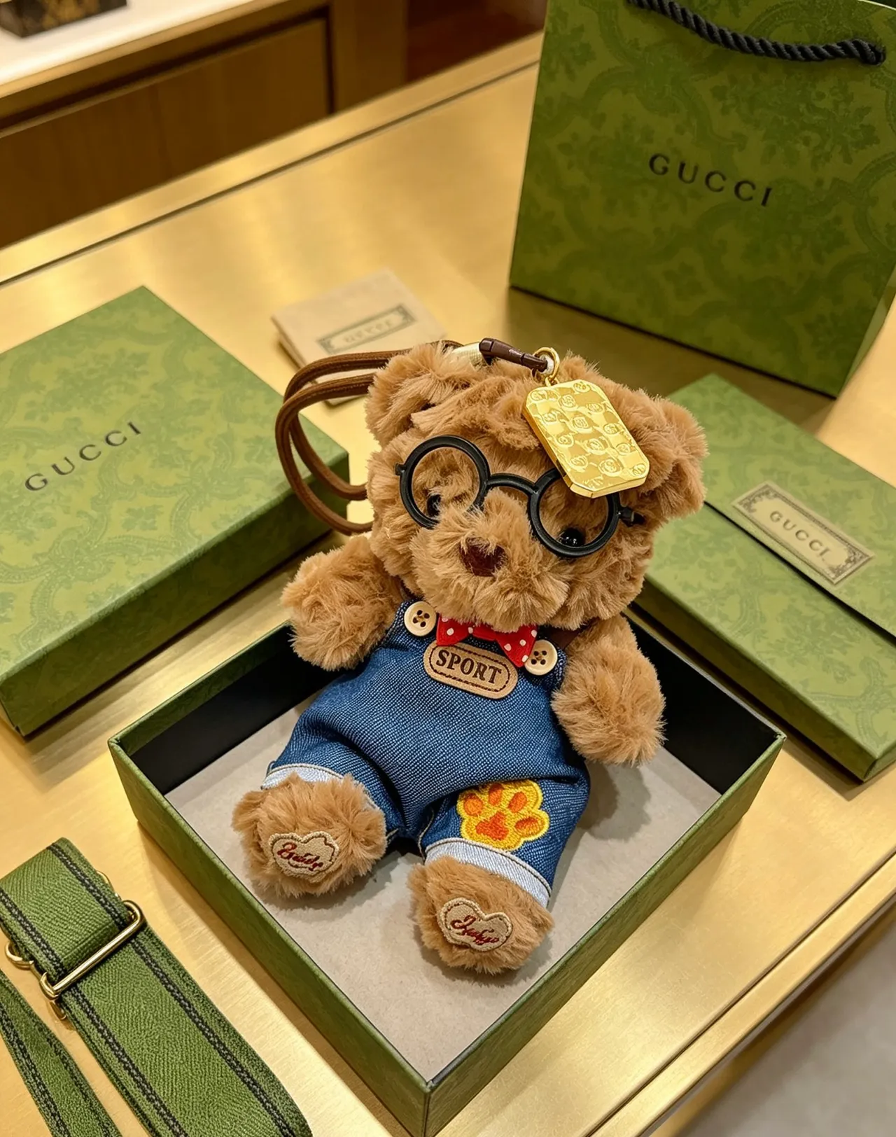 Gucci Brown Blue Plush Teddy Bear Denim Overalls Handbag