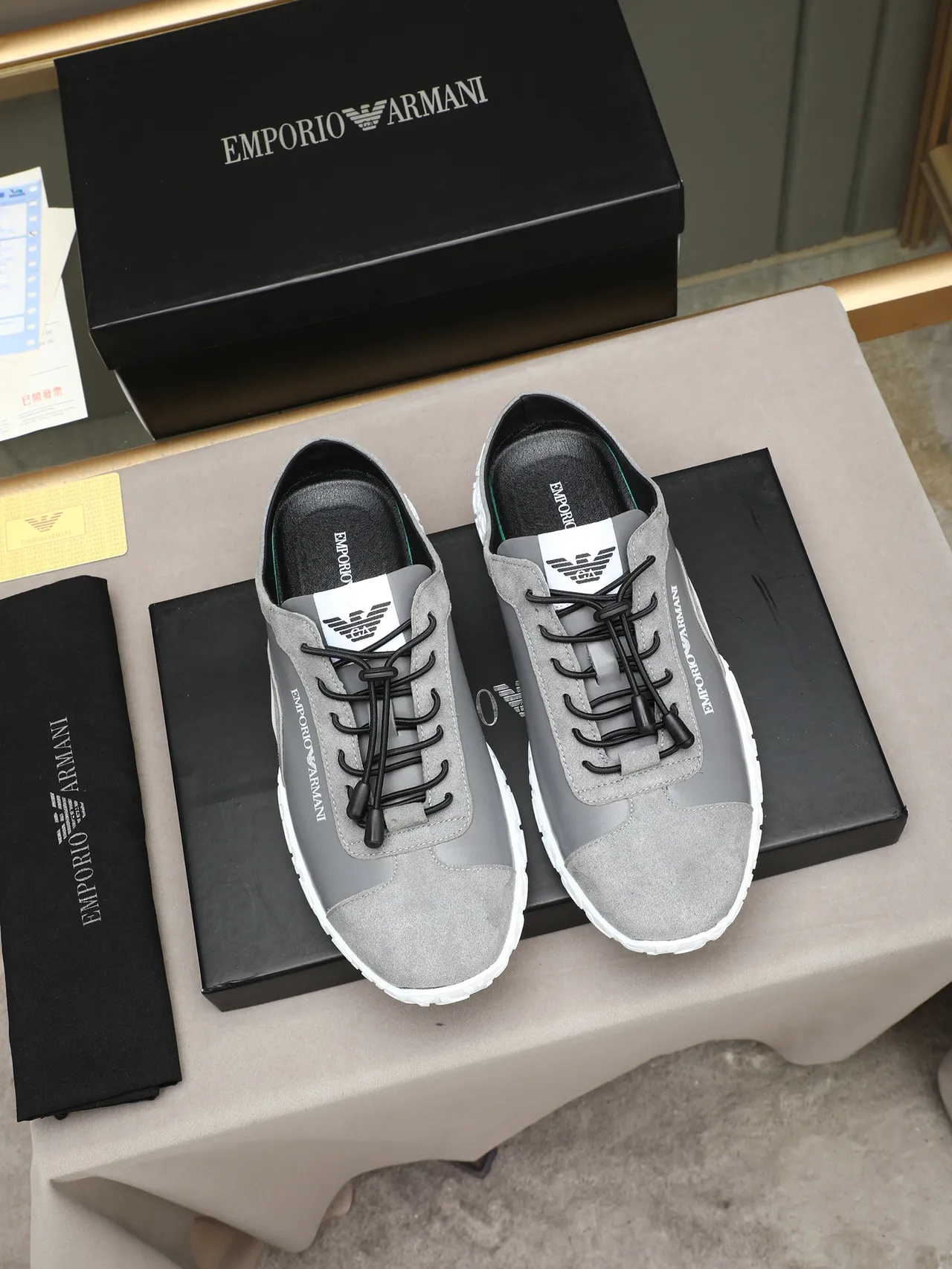 Emporio Armani Gray White Open-Heel Mule Sneaker Sculpted Geometric Sole Sneakers