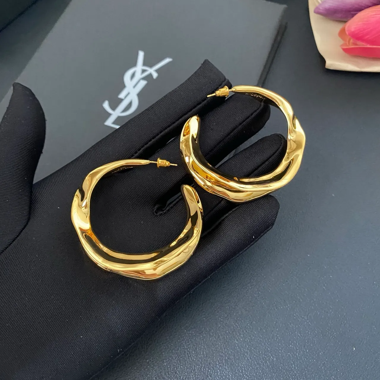 Saint Laurent Twisted Sculptural Gold Hoop Earrings