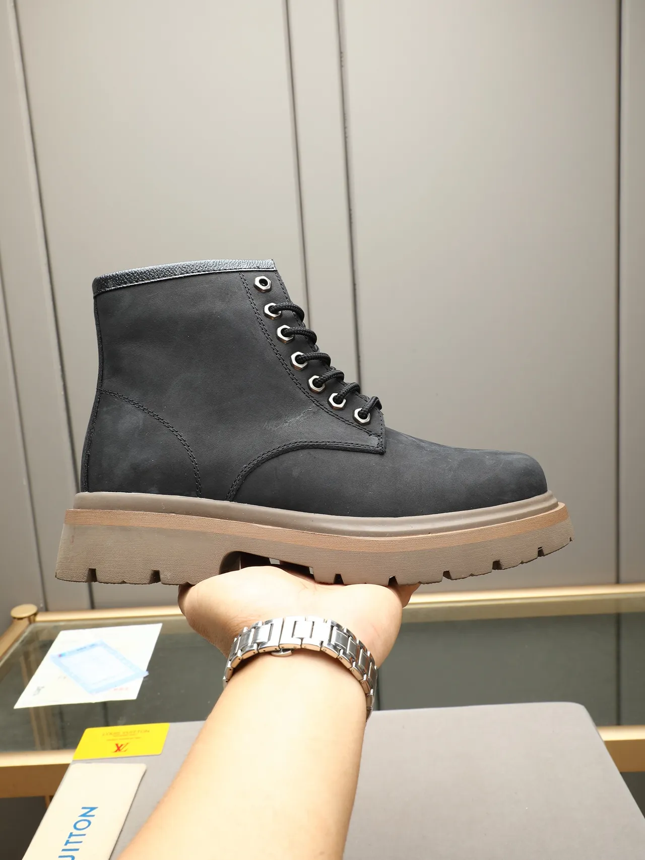 Black Suede Lace-Up Chunky Lug Sole Work Boot