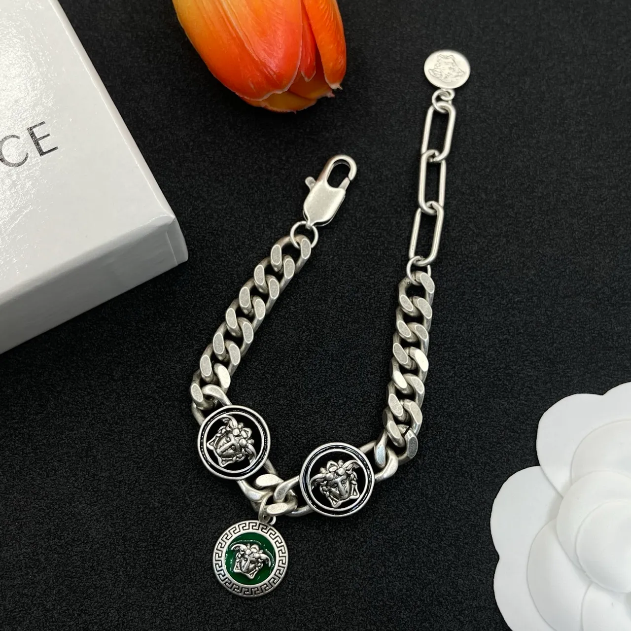 Versace Medusa Charm Bracelet Silver Green Curb Chain Bracelet