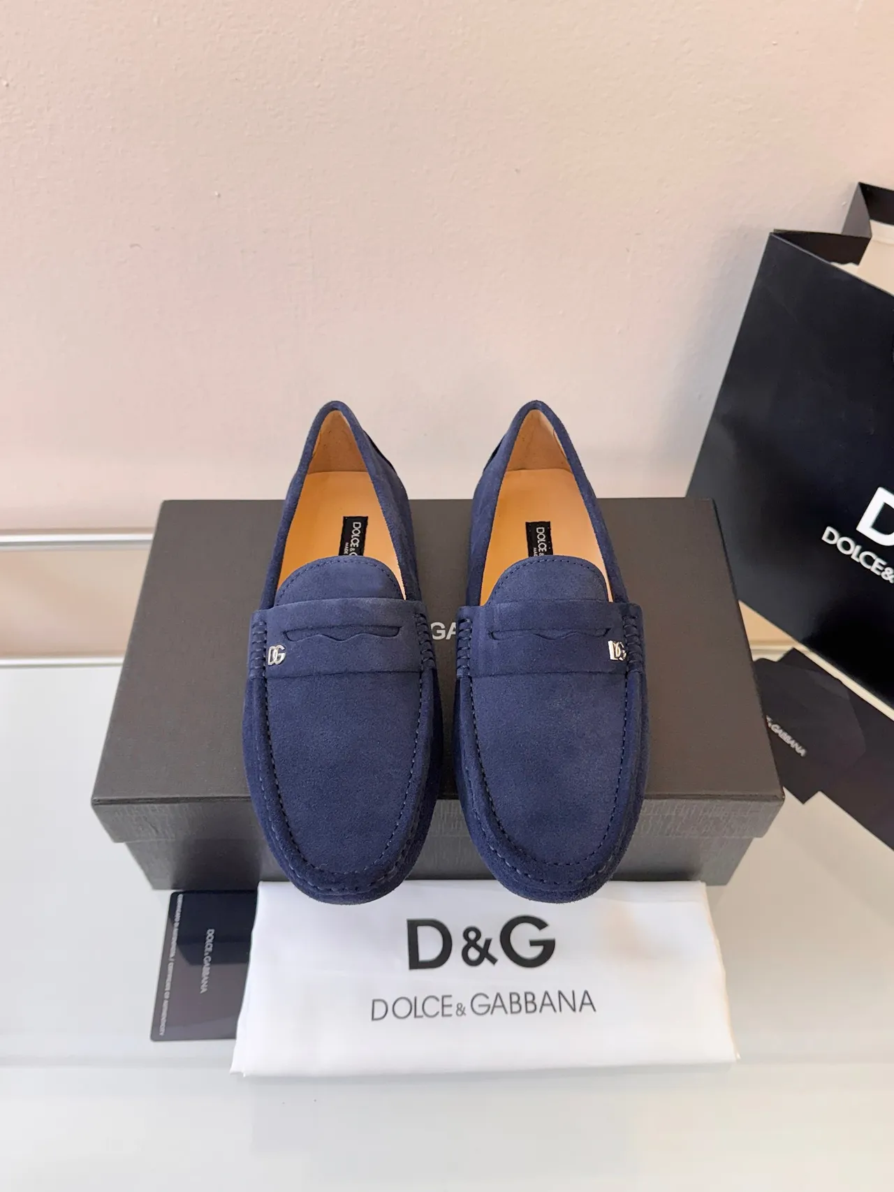 Dolce & Gabbana Penny Loafer Navy Beige Suede Strap Loafer