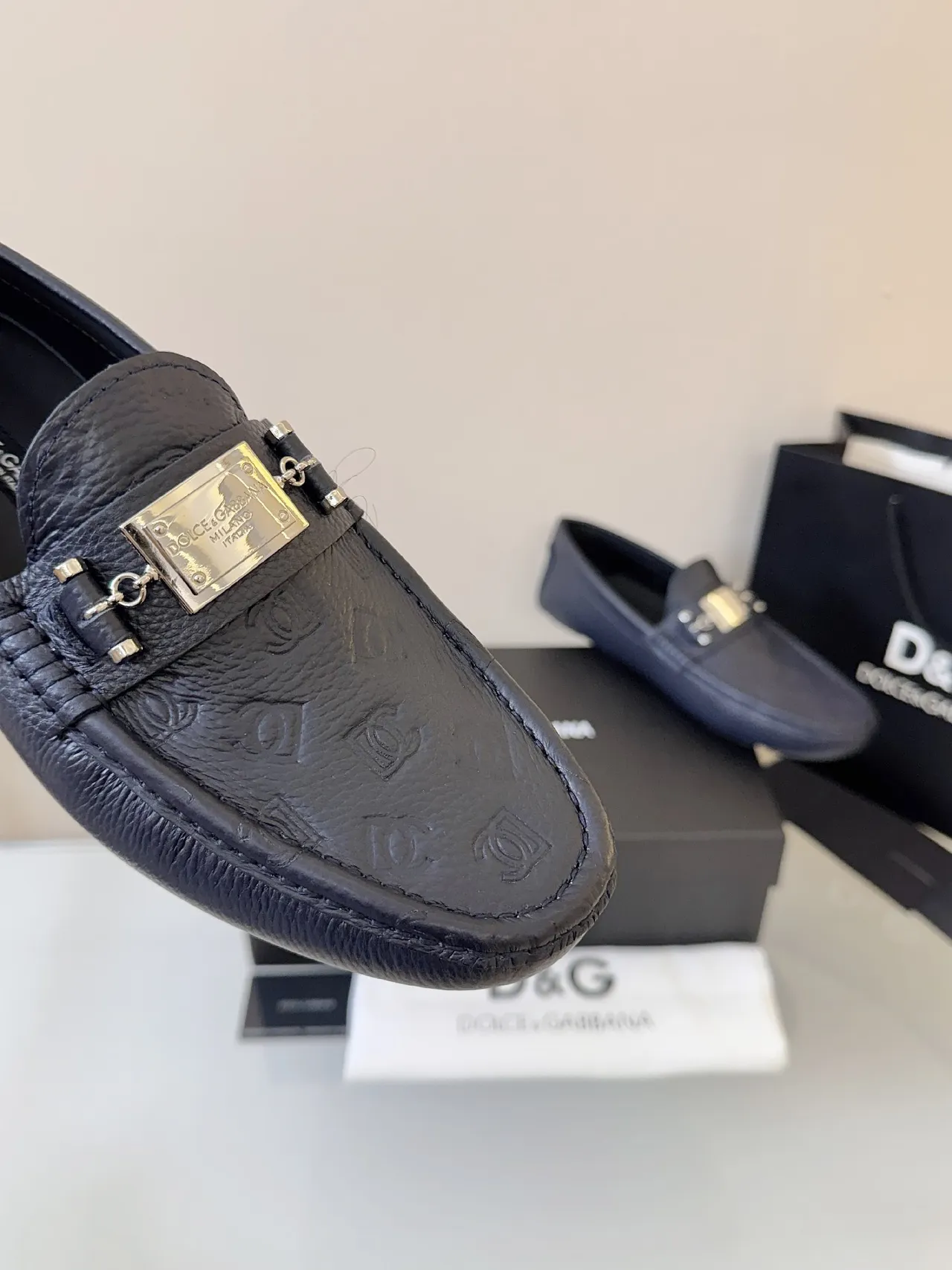 Dolce & Gabbana Portofino Navy Blue Embossed Leather Loafer