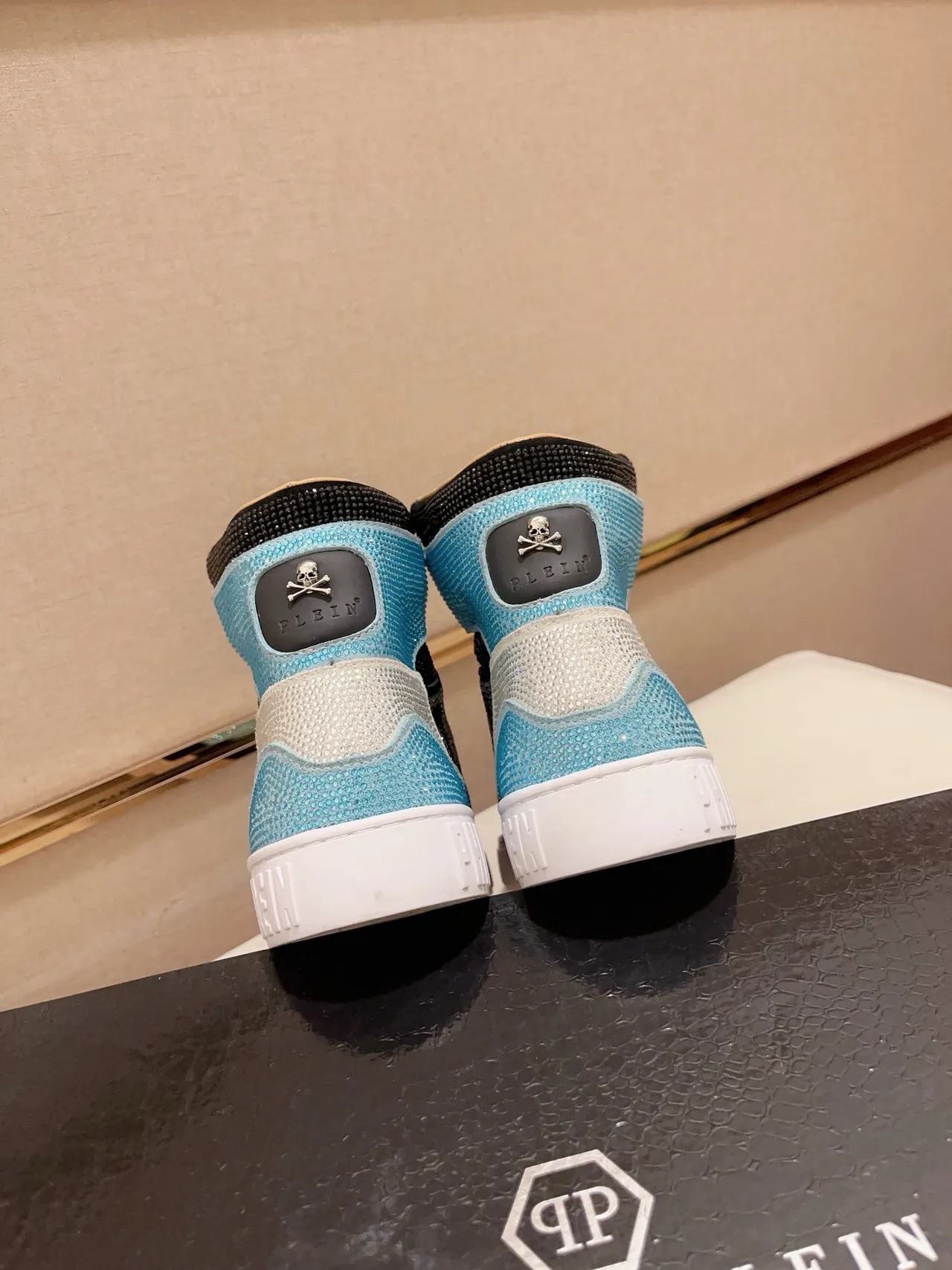 Philipp Plein Crystal-Embellished Black and Light Blue High-Top Sneaker
