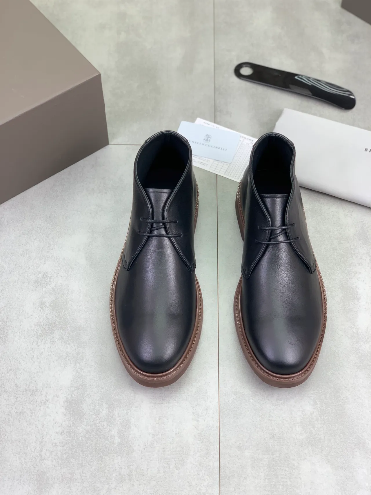 Black Brown Leather Contrast Sole Ankle Boots