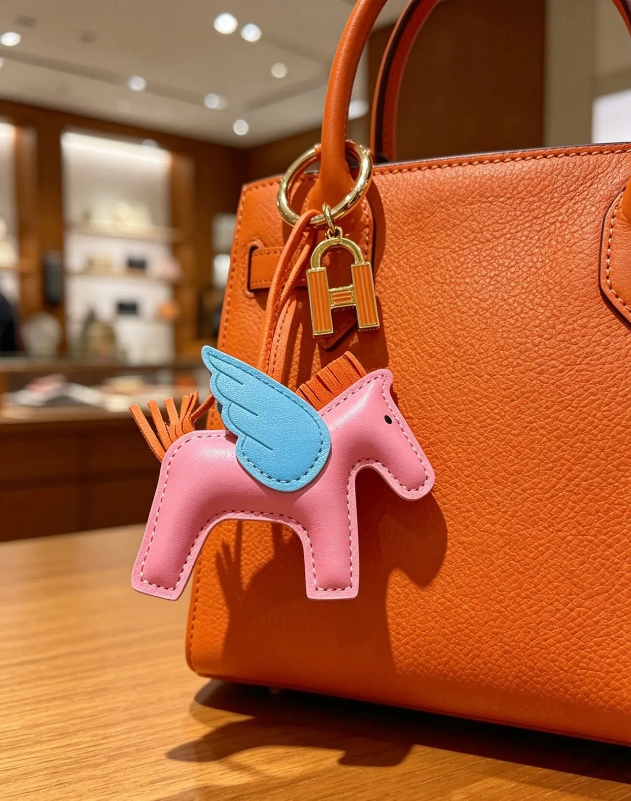 Hermès Grigri Pégase Pink Blue Leather Winged Horse Charm Stitched Silhouette Tote Bag