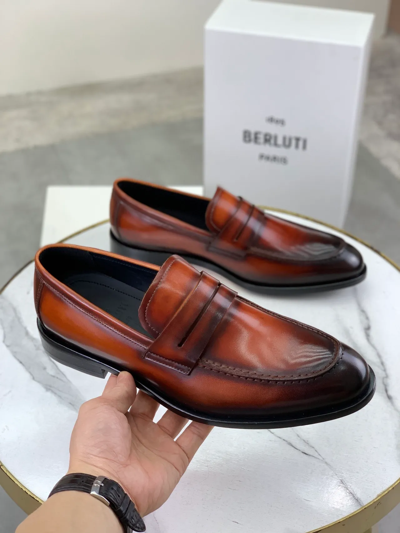 BERLUTI Brown Black Burnished Leather Penny Strap Loafer