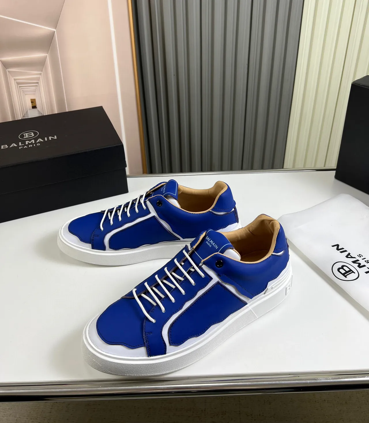 Balmain Blue White Low-Top Leather-Panelled Lifestyle Sneakers