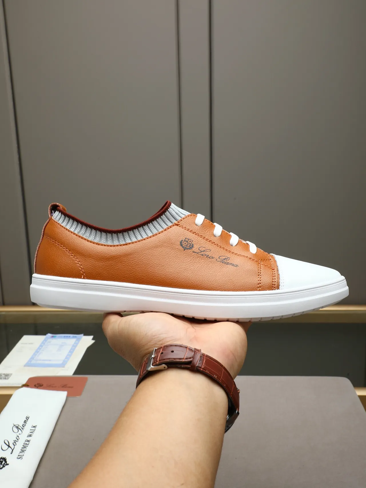 Loro Piana Leather and Knit Low-Top Lifestyle Sneaker