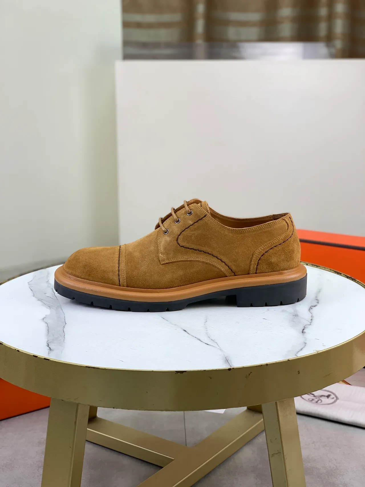 Hermès Brown Beige Suede Cap-Toe Contrast Topstitching Derby Shoes