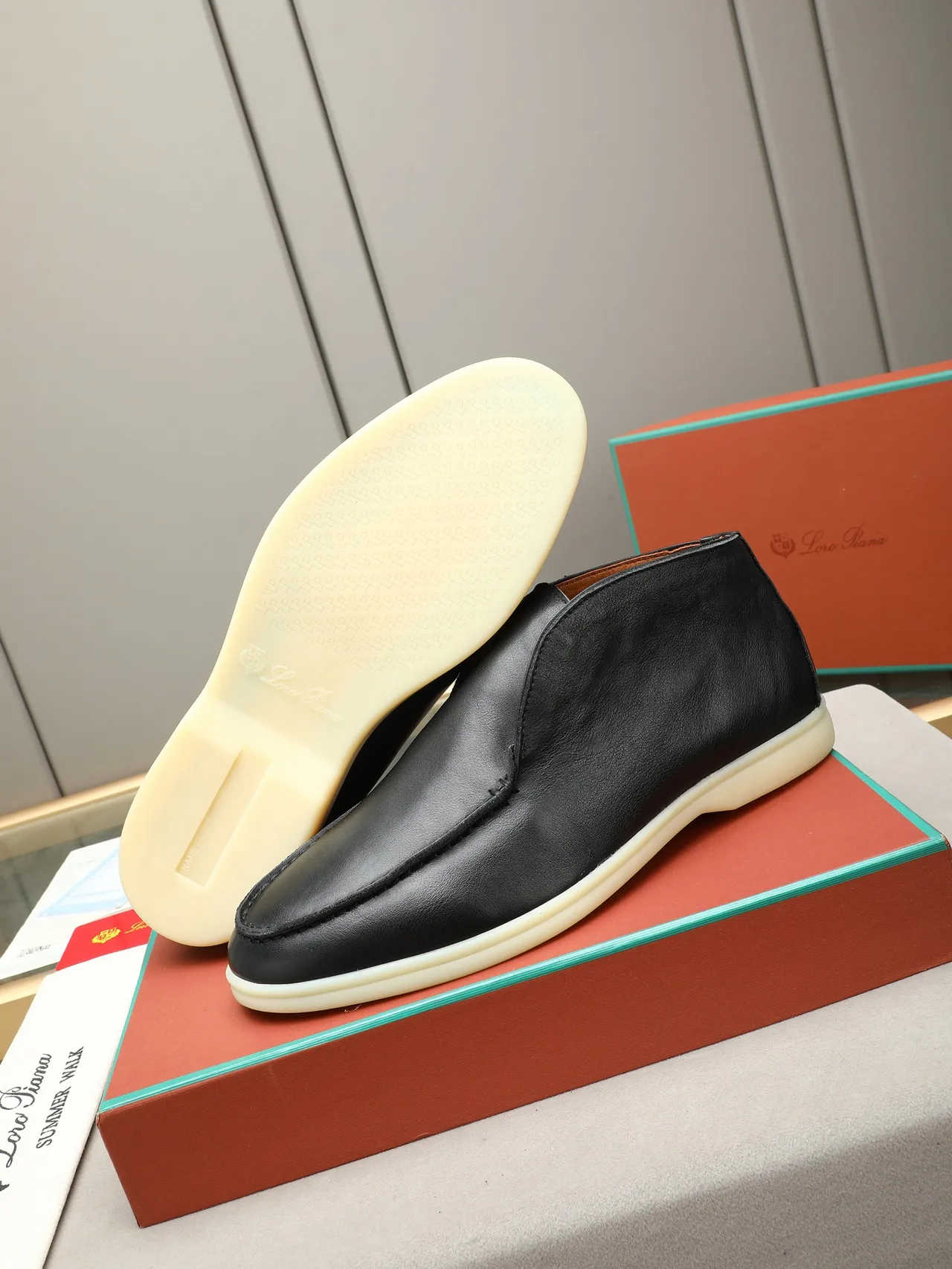 Loro Piana Summer Walk Black Leather Slip-On Loafers