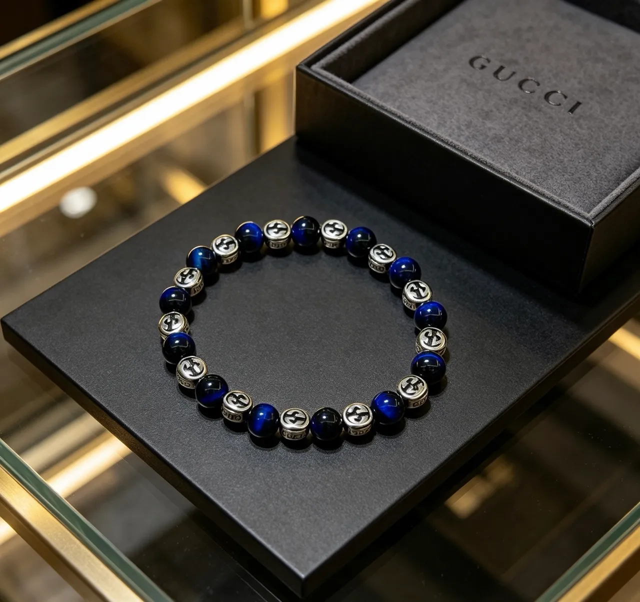 Gucci Blue Silver Beaded Interlocking G Logo Bracelet