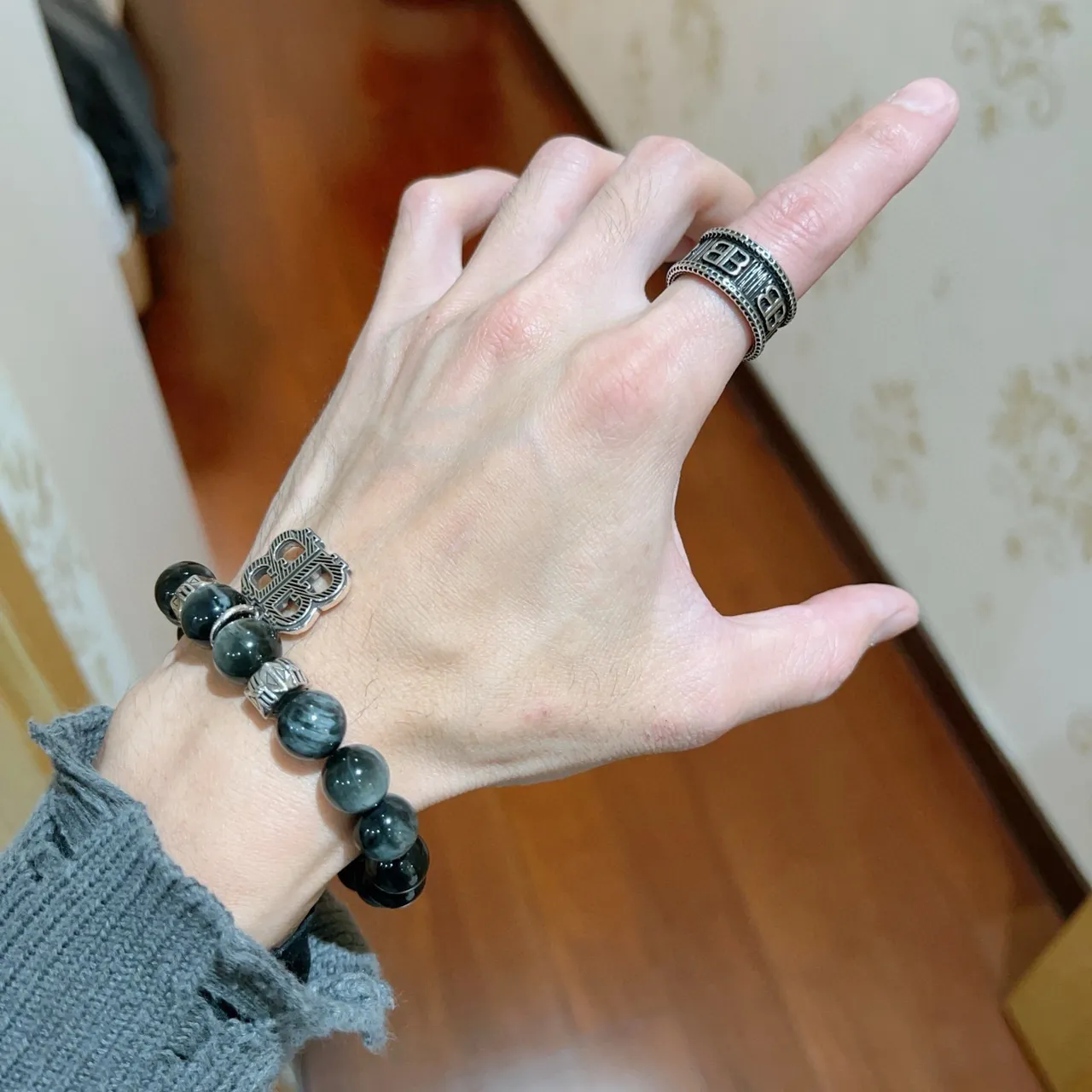 Balenciaga BB Ring Silver and Black Enamel Wide Band Ring