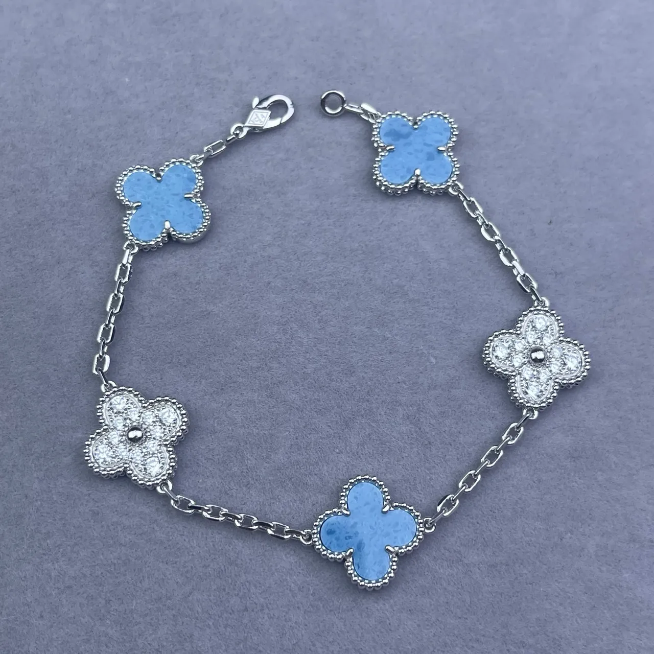 Van Cleef & Arpels Alhambra Gold Blue Chain Quatrefoil Clover Motifs Bracelet