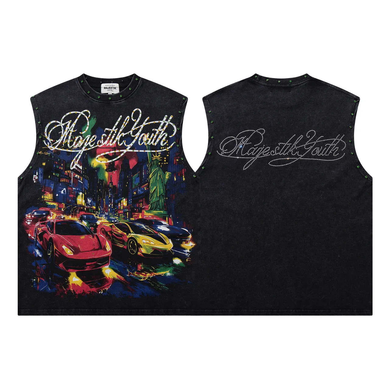 MAJESTIK Graphic-Print Studded Acid-Wash Black Denim Vest Top