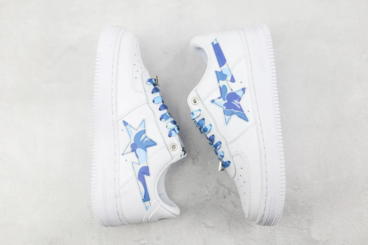 A Bathing Ape White Blue Leather Upper Camo Star Logo Lifestyle Sneakers