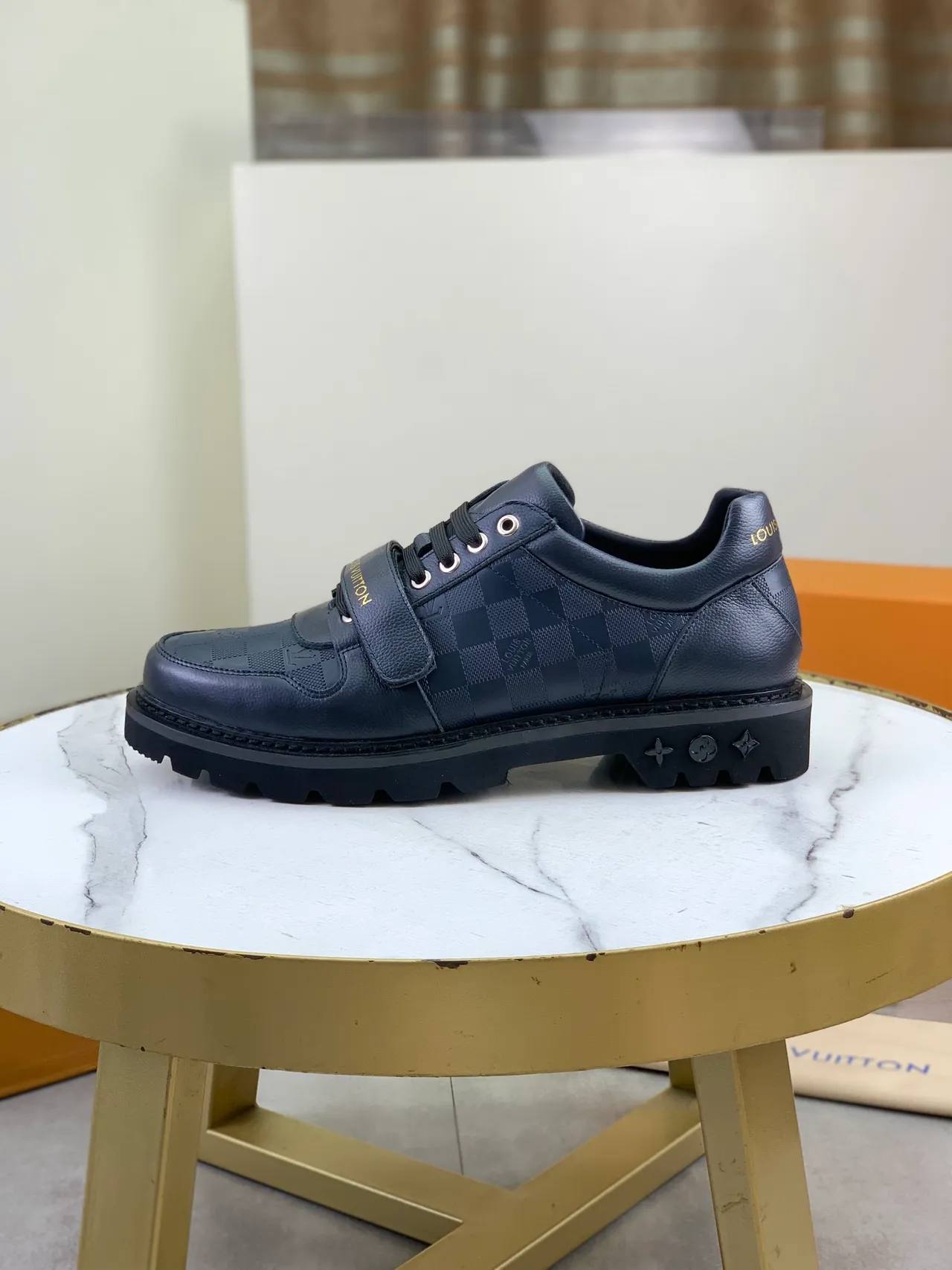 Louis Vuitton Run Away Navy Black Checkered Leather Dual Lace-and-Strap Closure Casual Shoes