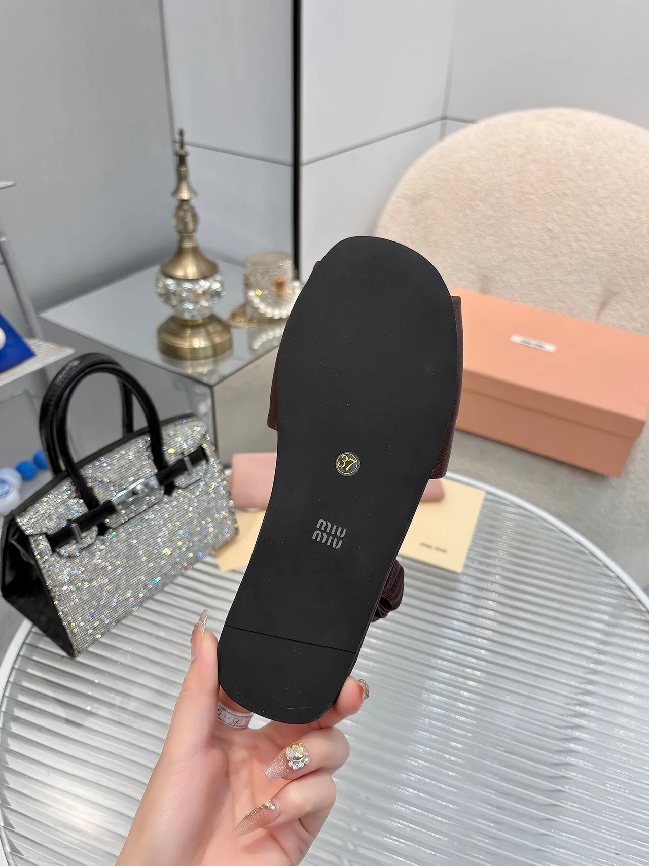 Miu Miu Black Gold Ruched Knotted Strap Logo Plaque Slippers