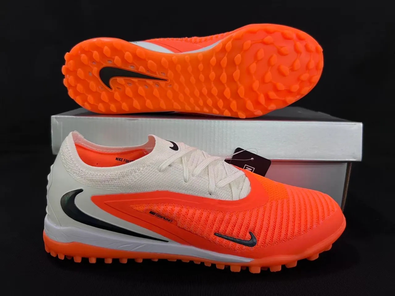 Nike Orange White Knit Upper Asymmetrical Lacing Turf Soccer Shoes