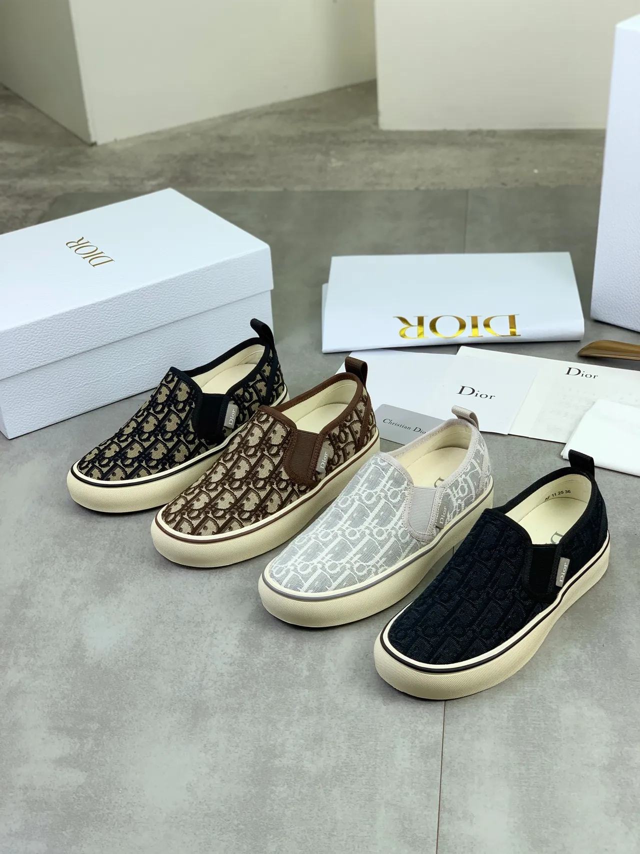 Dior Navy Beige Jacquard Oblique Pattern Slip-On Canvas Shoes