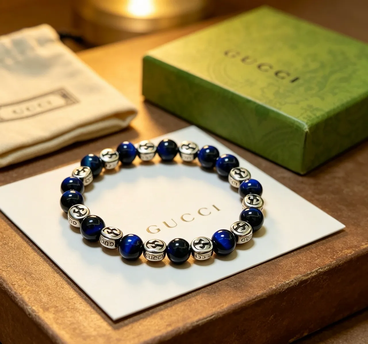 Gucci Blue Silver Beaded Interlocking G Logo Bracelet