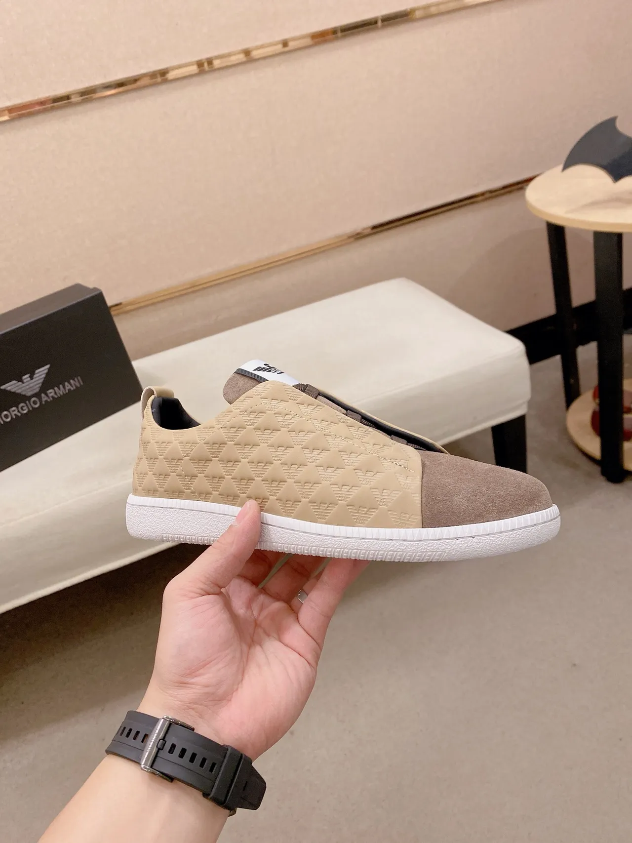 Emporio Armani Quilted Slip-On Beige Brown Lifestyle Sneakers