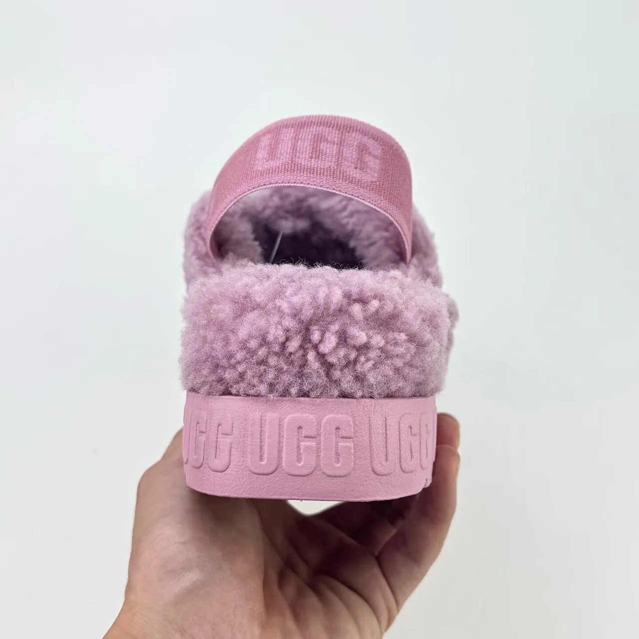 UGG Pink Plush Shearling Upper Cross-Strap Design Slippers